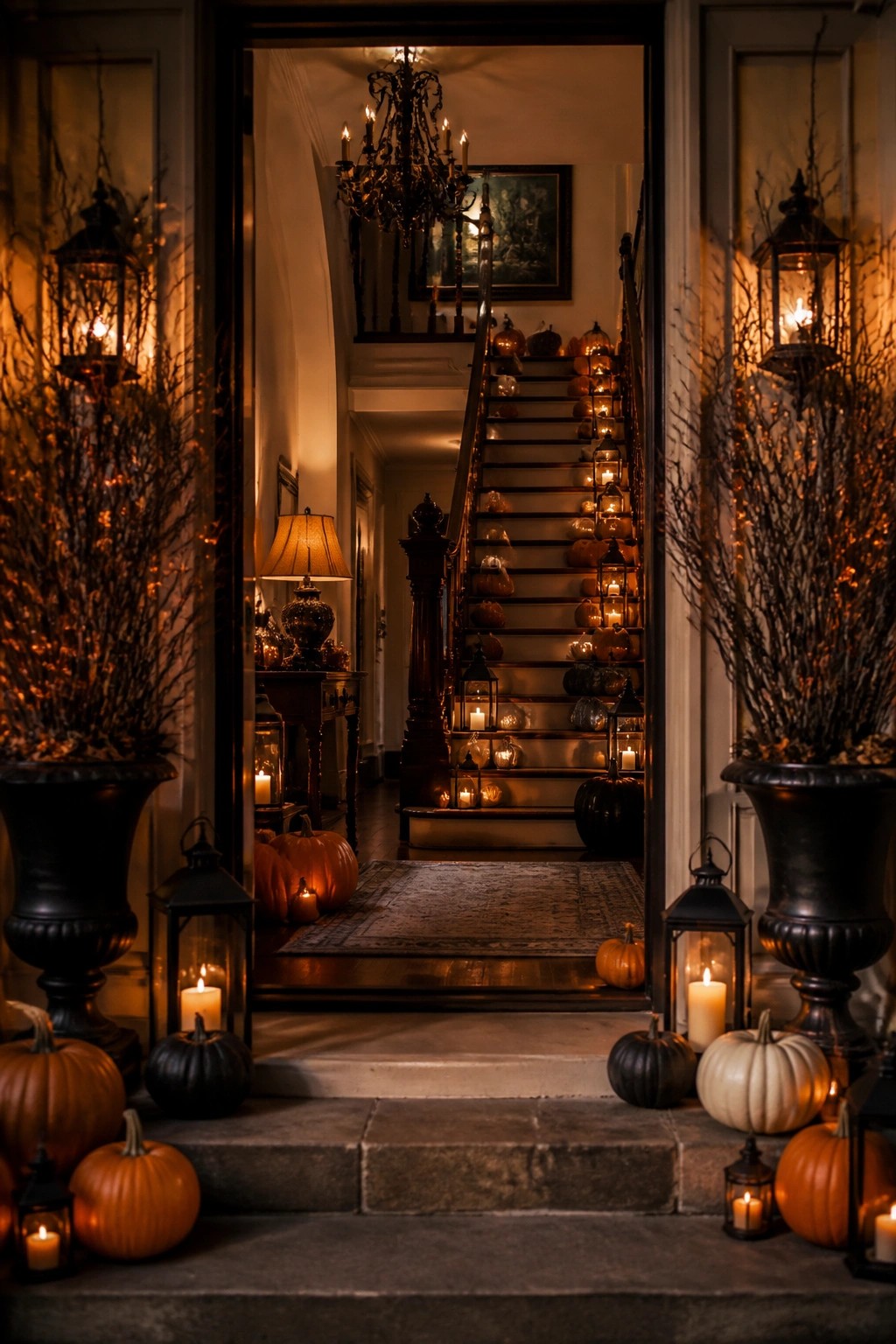 Entryway view of a staircase lined with orange and black pumpkins and small lit lanterns running up the steps.