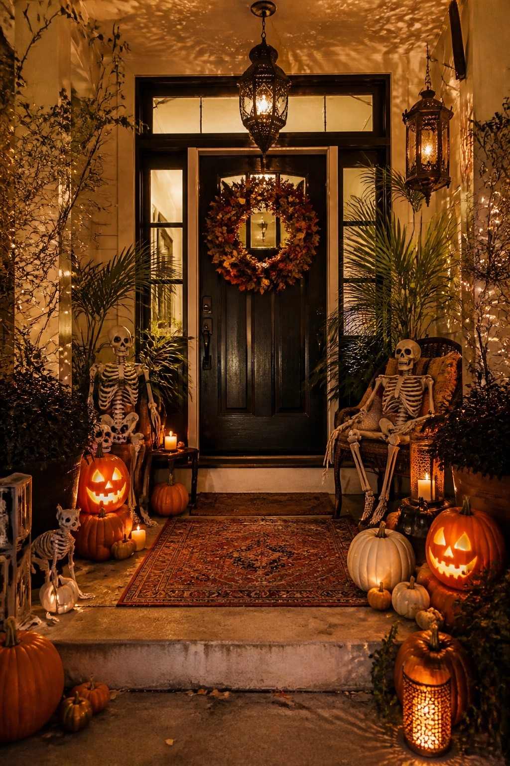 Front porch with two decorative skeletons, one standing and one seated in a chair, surrounded by carved jack-o'-lanterns and lanterns at a dark entry door.