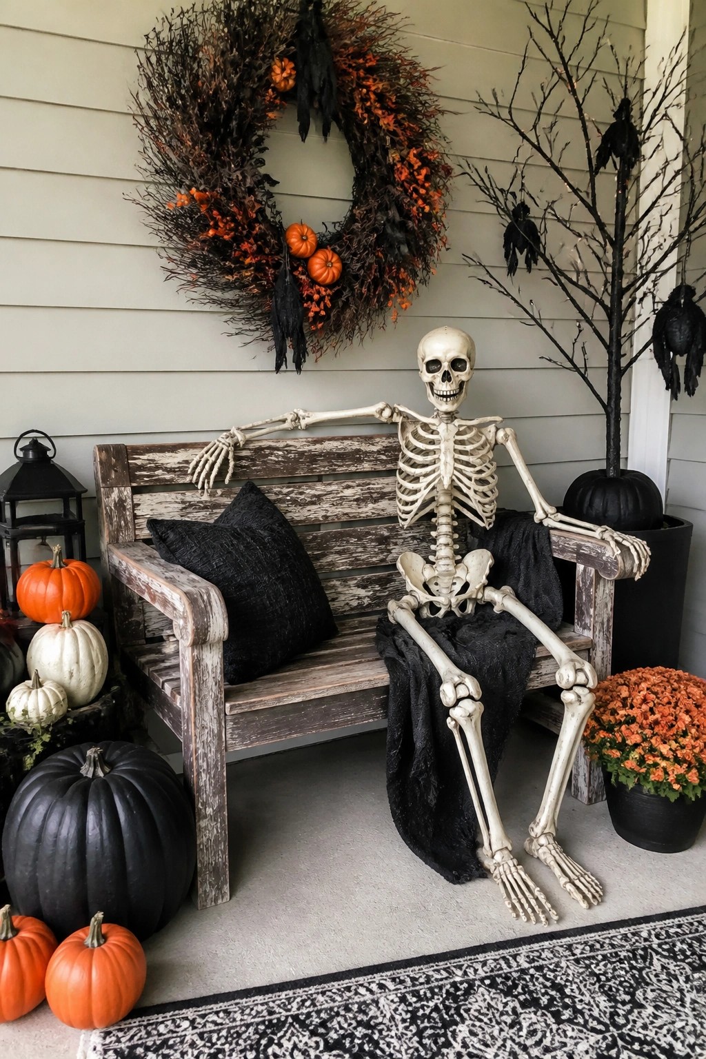 Front porch with a skeleton seated on a wooden bench, a large dark wreath on the wall above, black birds on branches, and pumpkins scattered around the seating area.