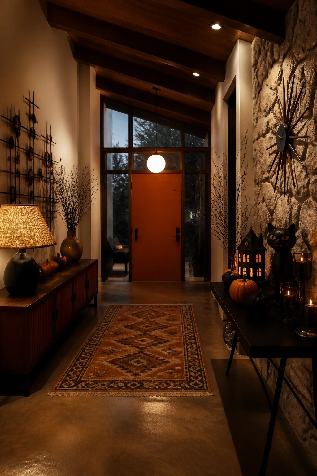 Entryway console table styled with a black cat figurine, lit haunted house lantern, pumpkins, and candles next to an orange front door.