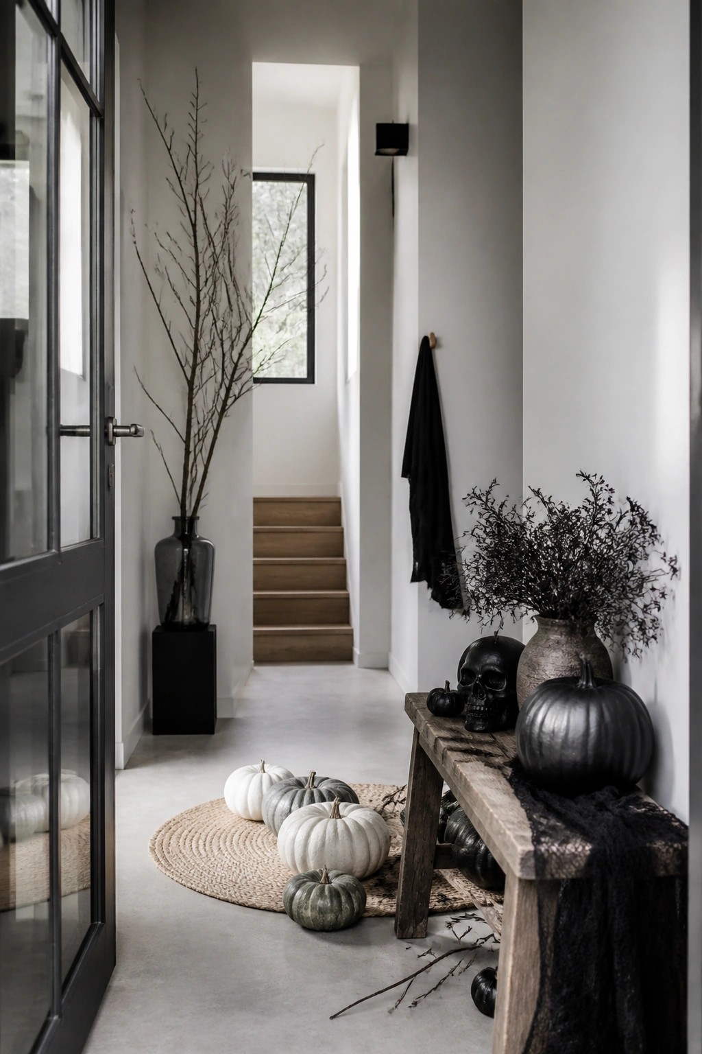 Entryway with a wooden console bench holding black pumpkins, a black skull, and dark dried branches, plus more black and white pumpkins on the floor nearby.