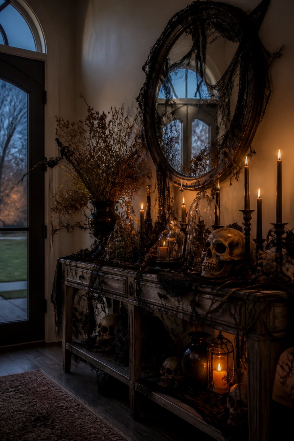 Entryway console table decorated with skulls, black cobwebs on a large mirror, and lit candles in glass cloches.