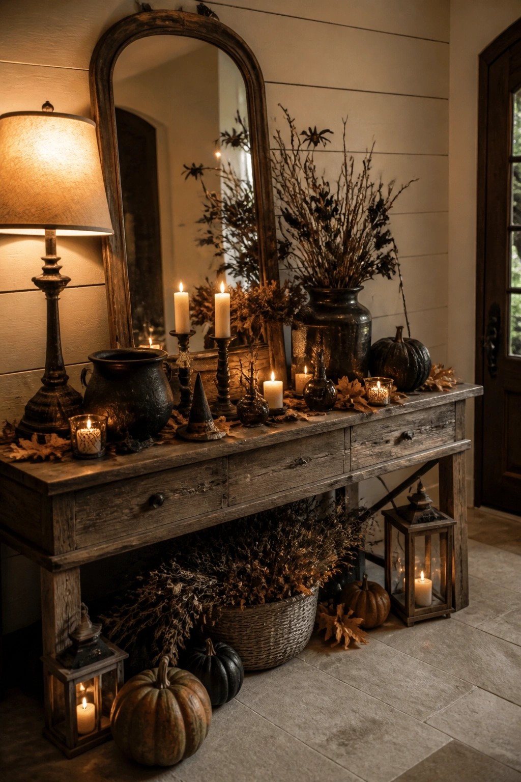 An entryway console table decorated with candles, a large vase of dark branches, pumpkins, and a witch hat for Halloween.