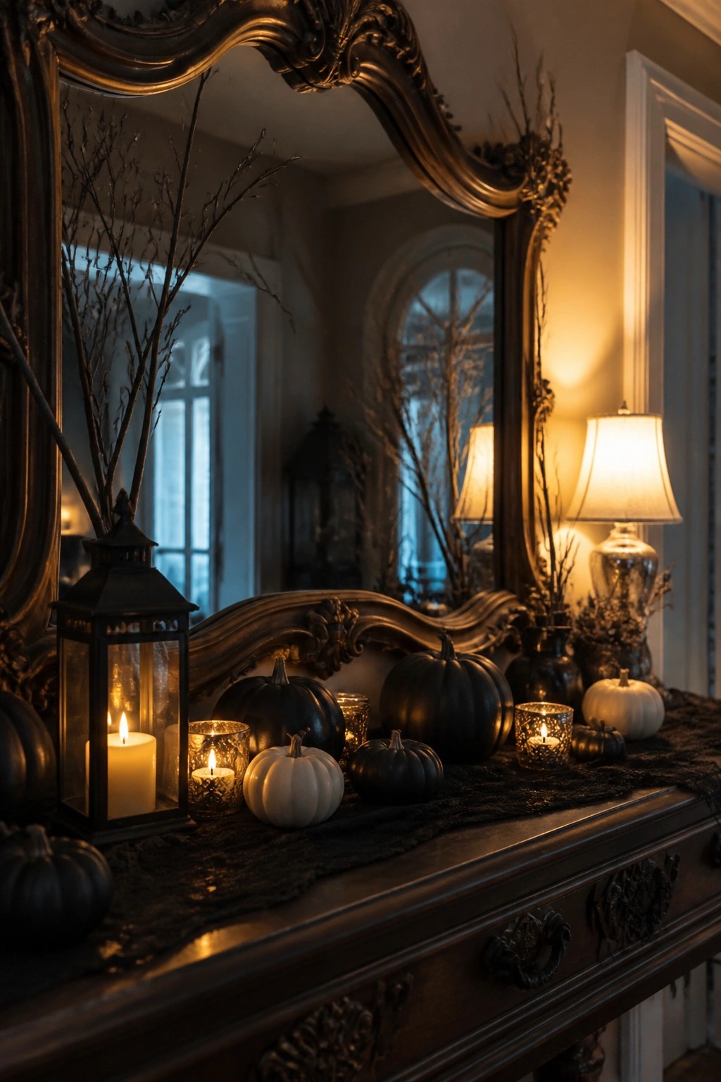 Entryway console table styled with black and white pumpkins, lit lanterns, and dark branches in front of a large ornate mirror.