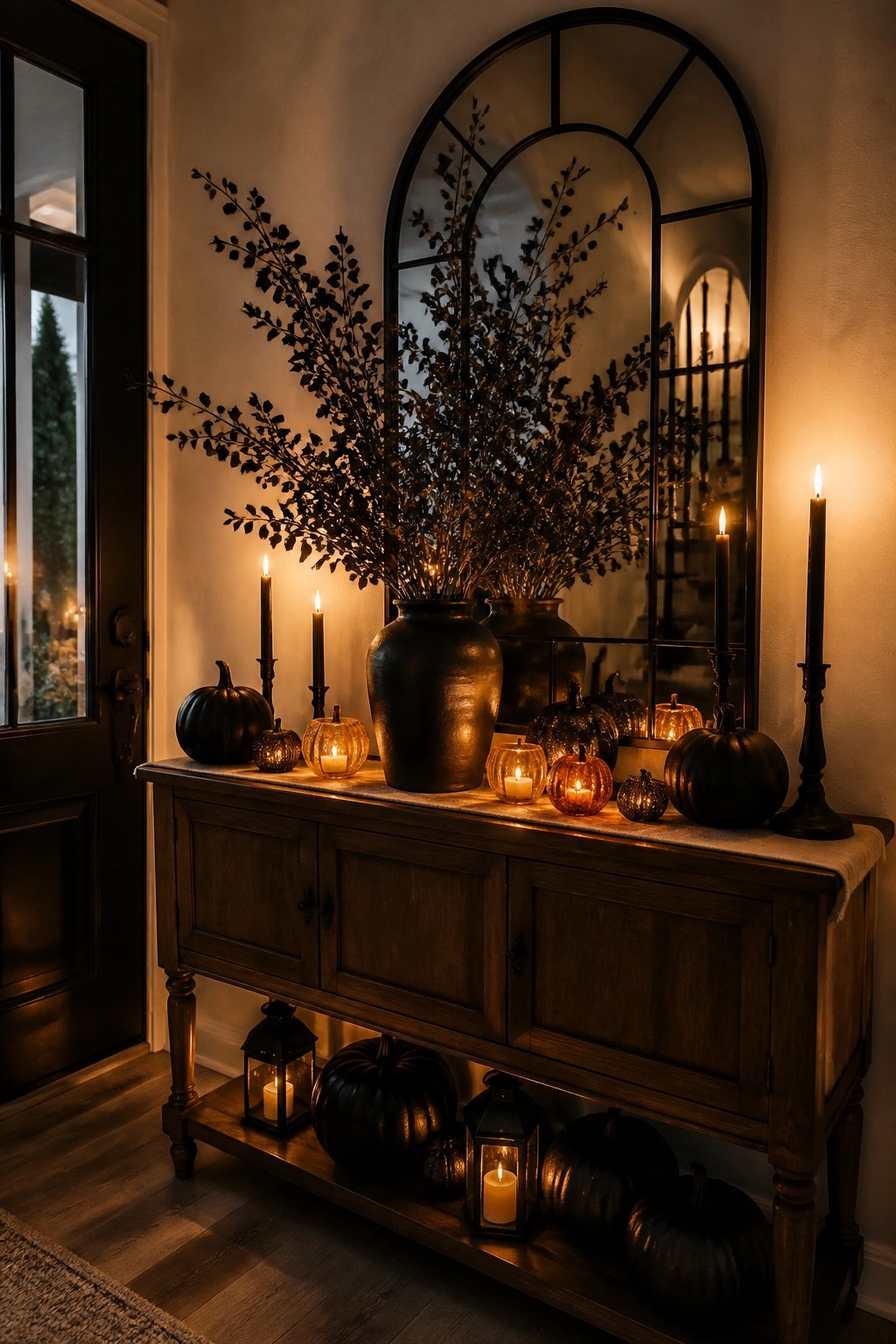 Entryway console table topped with tall black branches in dark vases, black pumpkins, and lit candles in front of a large arched mirror.
