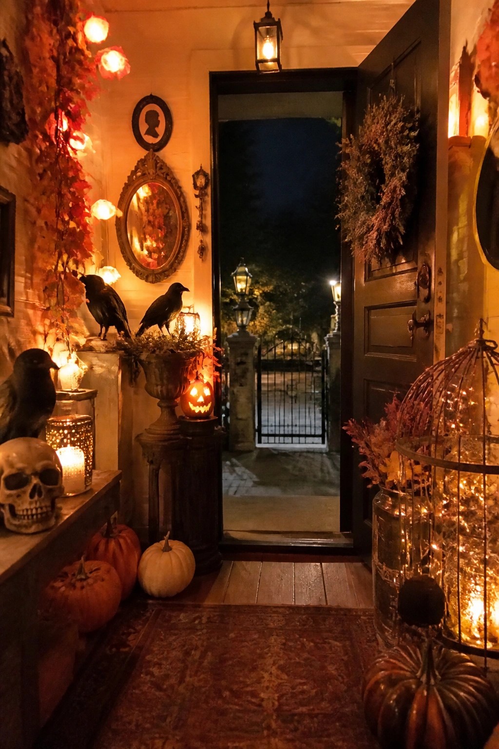Entryway decorated with black crows, a skull, and a carved pumpkin beside an open front door.