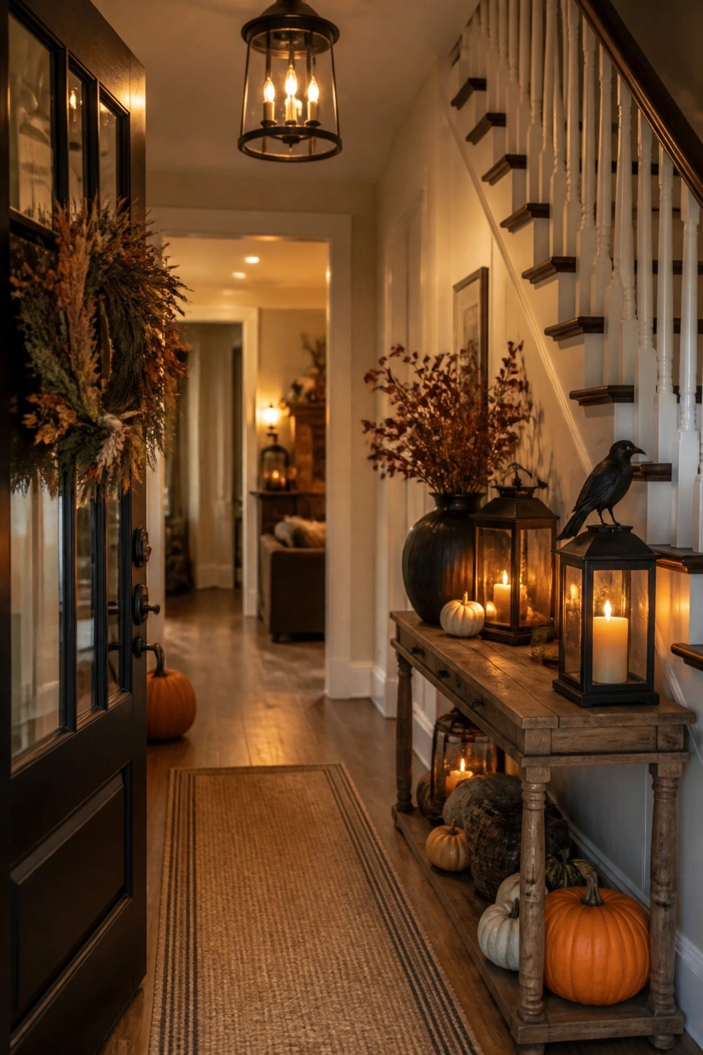 Entryway console table styled with black lanterns holding lit candles, a black crow perched on one lantern, and pumpkins arranged on and under the table near a staircase.