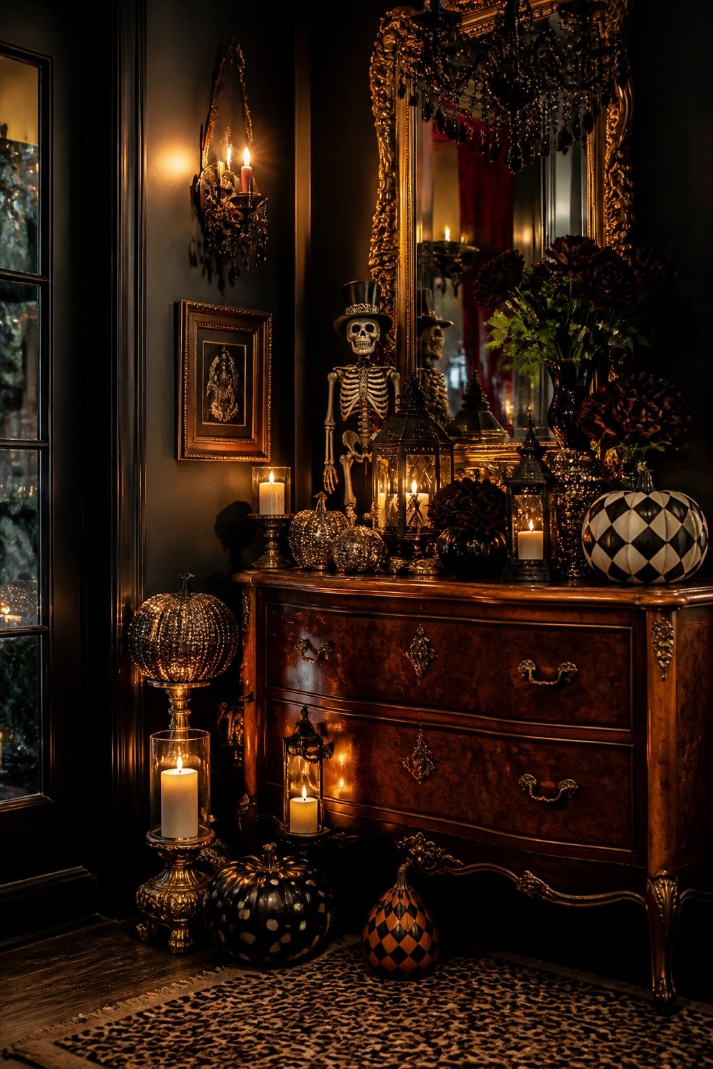 Ornate wooden dresser with skeleton, lit candles, sequined pumpkins, and leopard rug