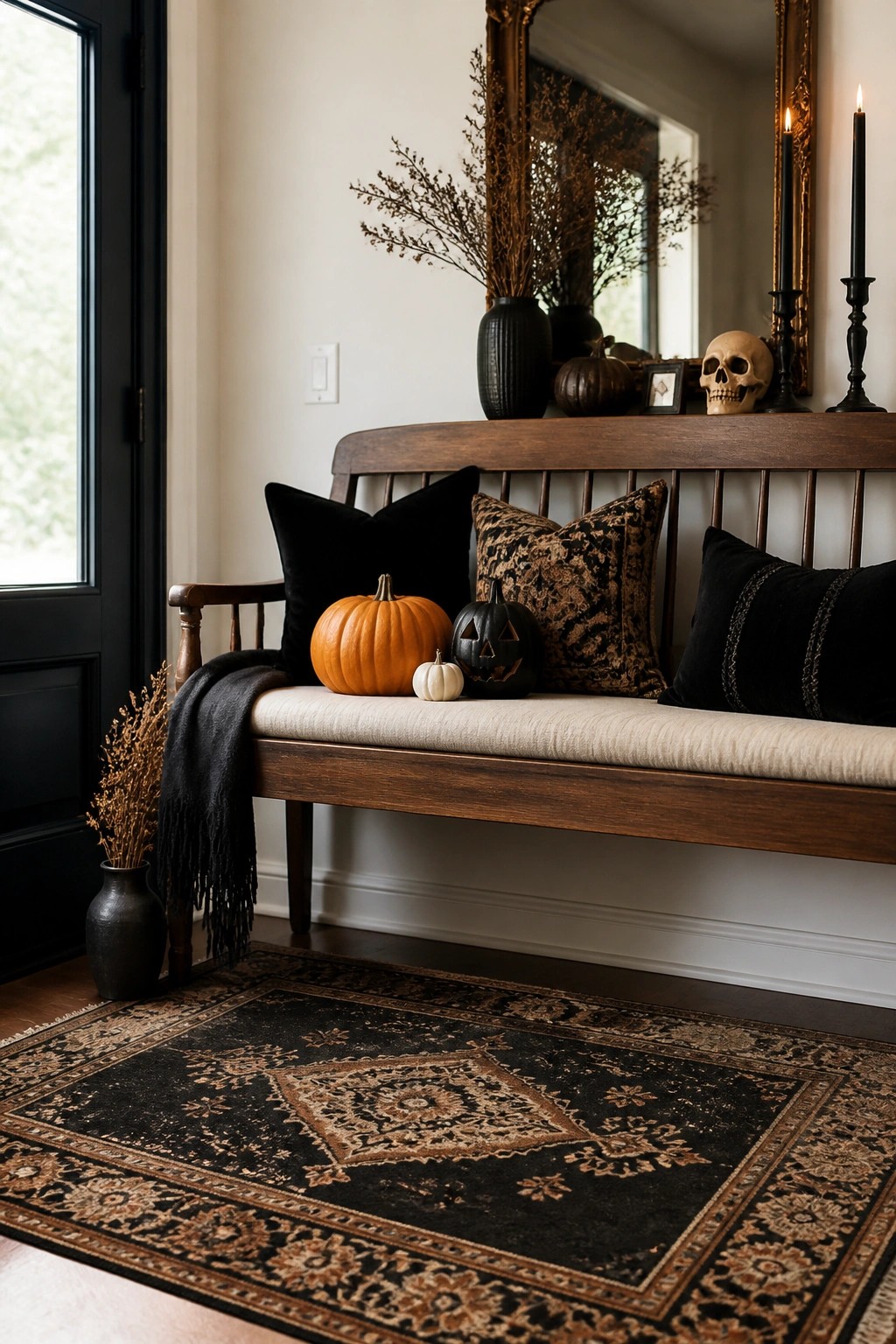 Entryway bench with a carved black jack o lantern, small pumpkins, black pillows, and a human skull on the wooden ledge above.