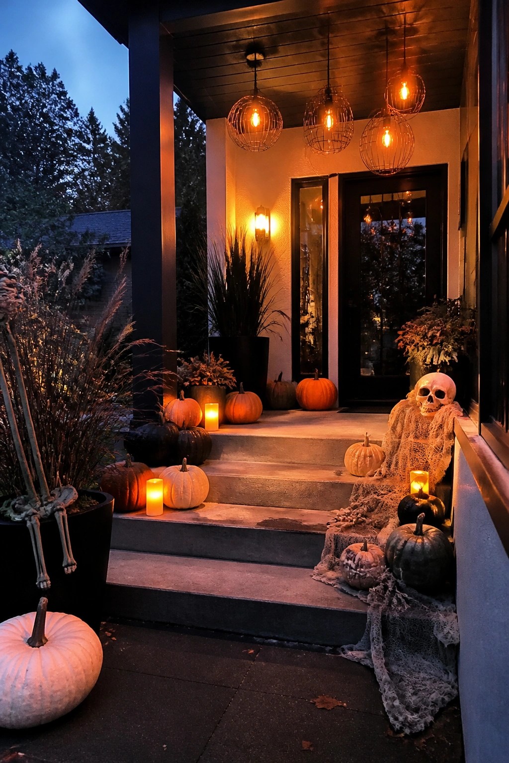 Front porch steps decorated with a gauze-wrapped skeleton figure, assorted pumpkins, and small candles at dusk.