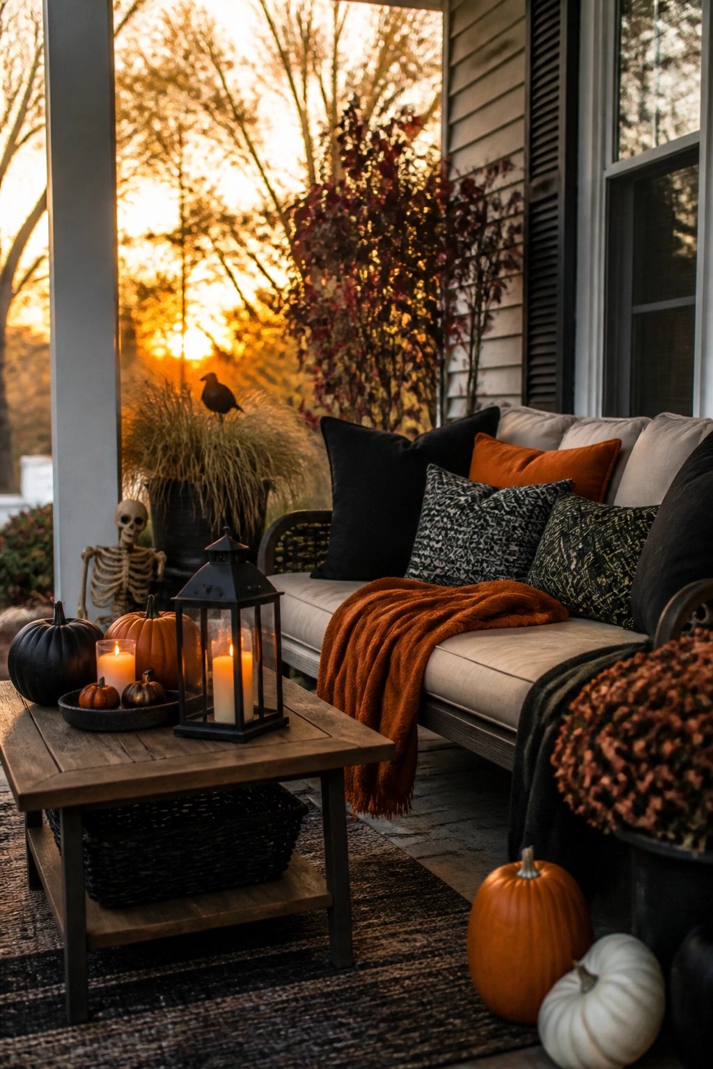 Cozy autumn porch with pumpkins, lit lantern, skeleton, and cushioned sofa at sunset
