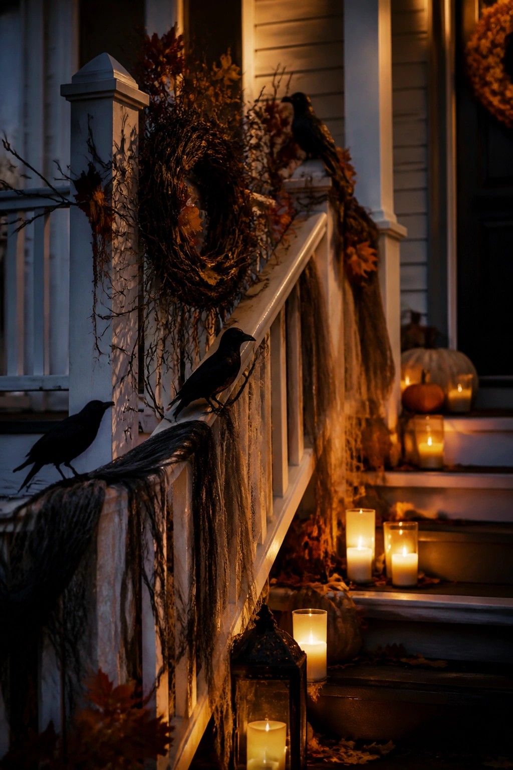 Front porch stairs with black crows perched on a white railing, draped dark fabric, and lit candles on the steps.