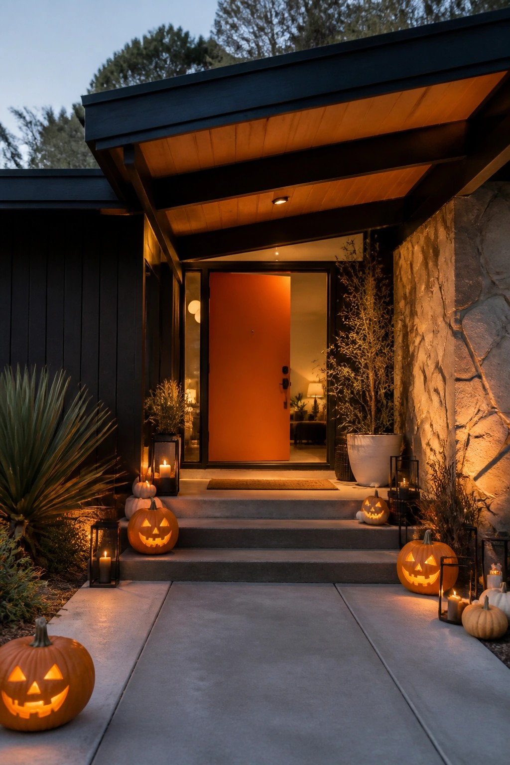 Front porch steps lined with multiple carved and lit jack o lanterns leading to an orange door.