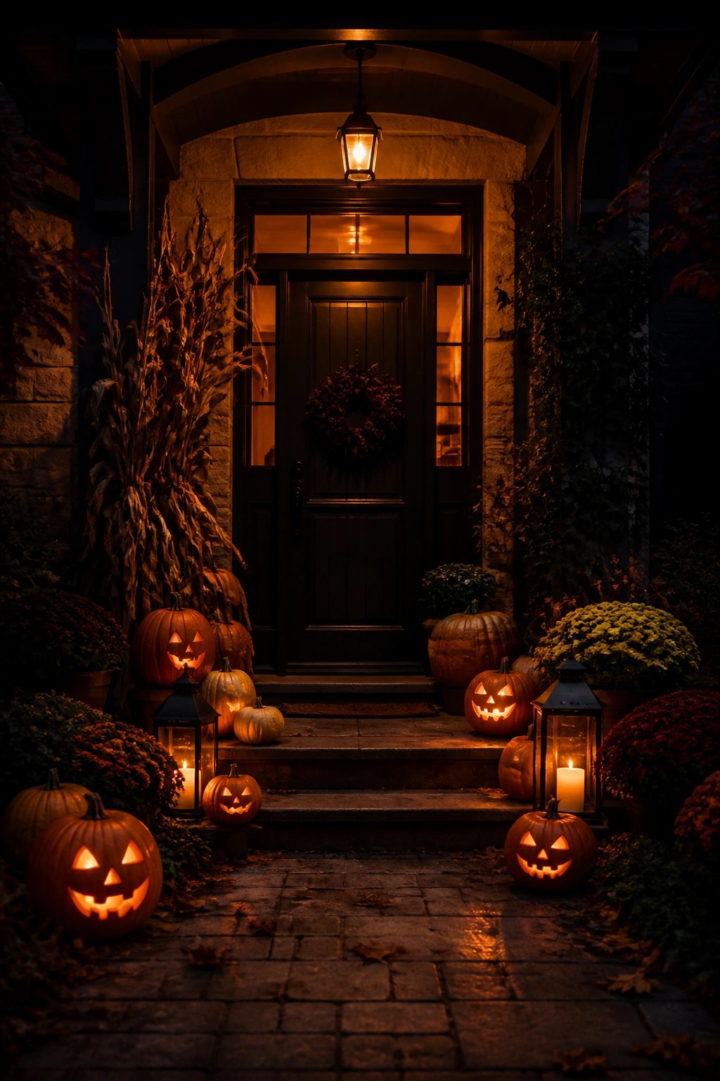 Front porch steps lined with carved glowing jack o lanterns and lanterns beside a dark door.