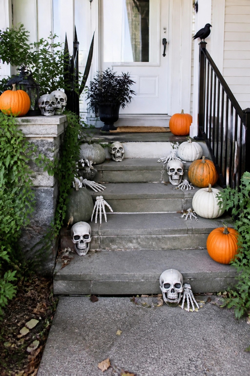 Concrete porch steps decorated with multiple white skeletons, skulls, and orange and white pumpkins leading to a white front door.