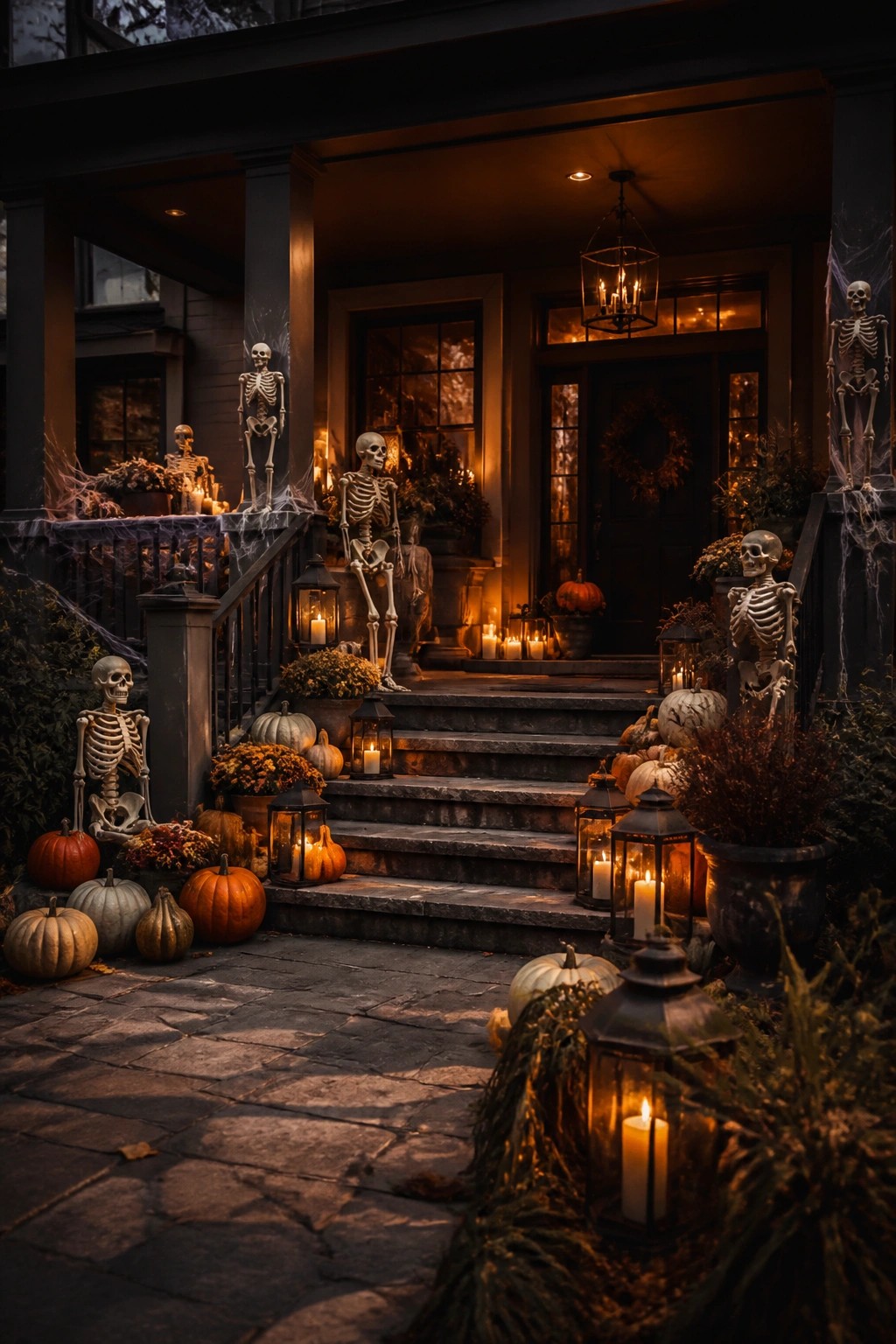 Front porch with multiple skeletons placed on the steps and railings, along with pumpkins and lanterns at night.