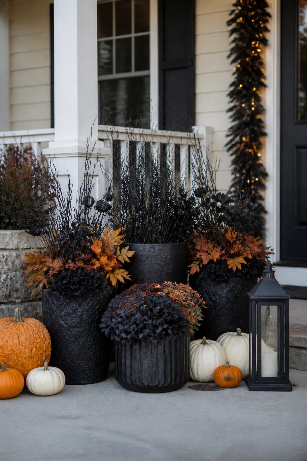 Front porch with large black pots holding tall black branches, white and orange pumpkins, and a black lantern near the door.