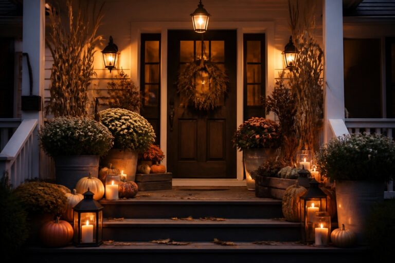 Front porch steps lined with orange and white pumpkins and lit black lanterns, with a dark door and autumn wreath in the background.