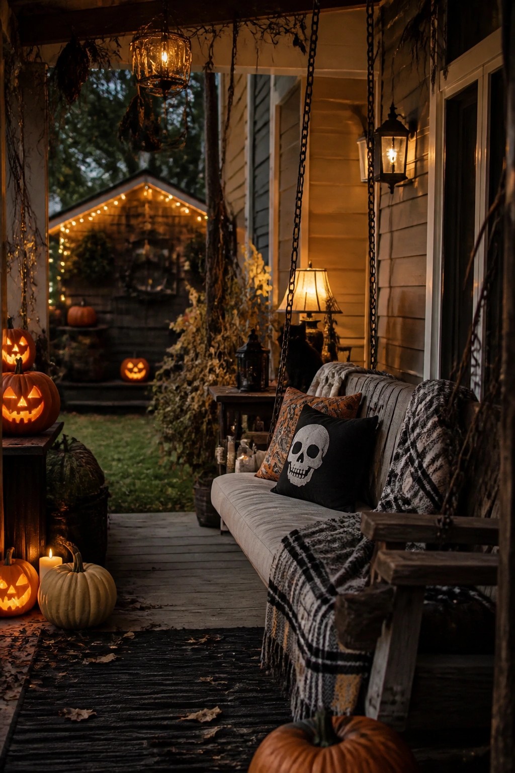 Halloween porch swing with skull pillow, carved pumpkins, blankets, and glowing lanterns.