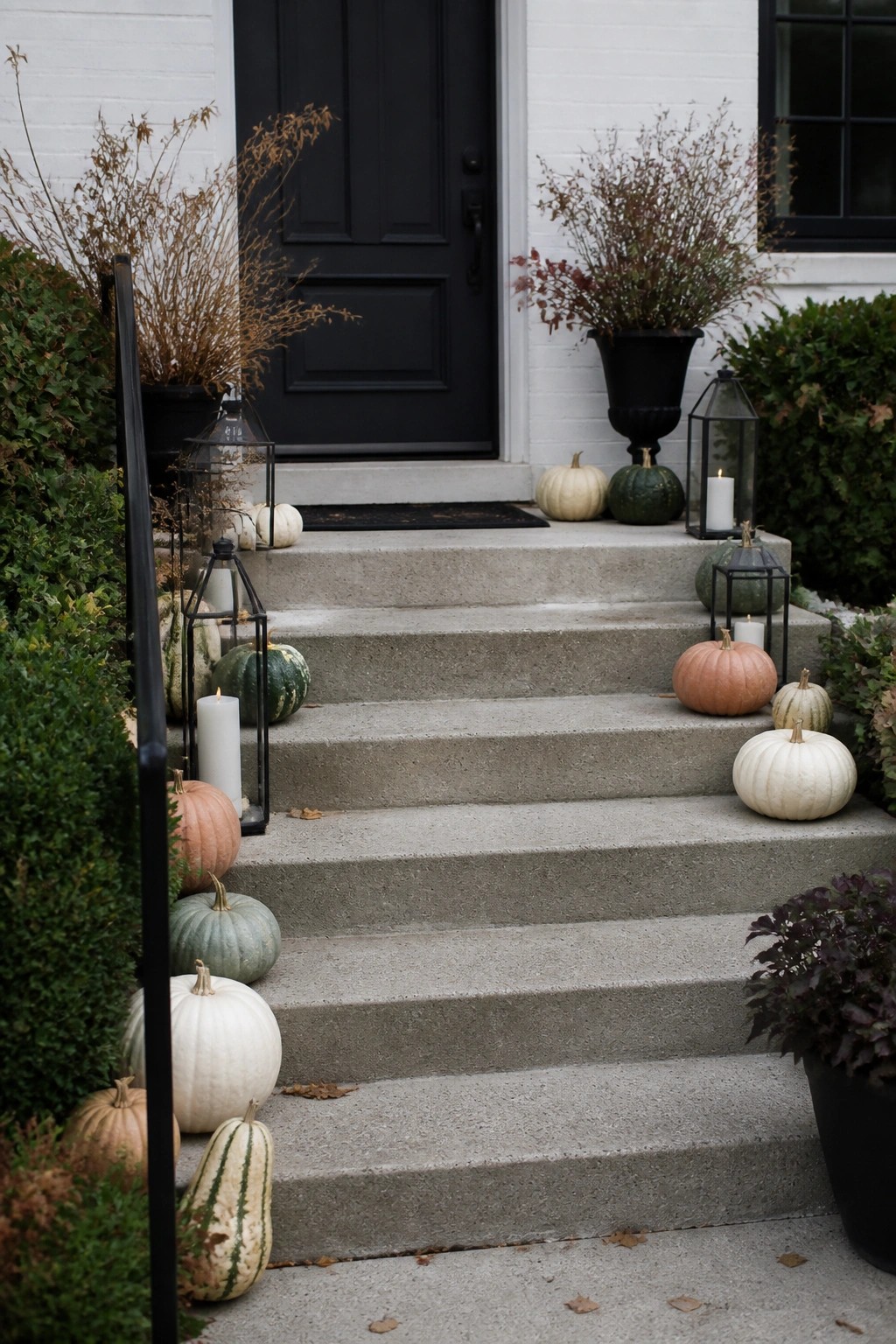 Concrete porch steps lined with white, orange, green, and striped pumpkins plus black lanterns with lit candles leading to a black front door.