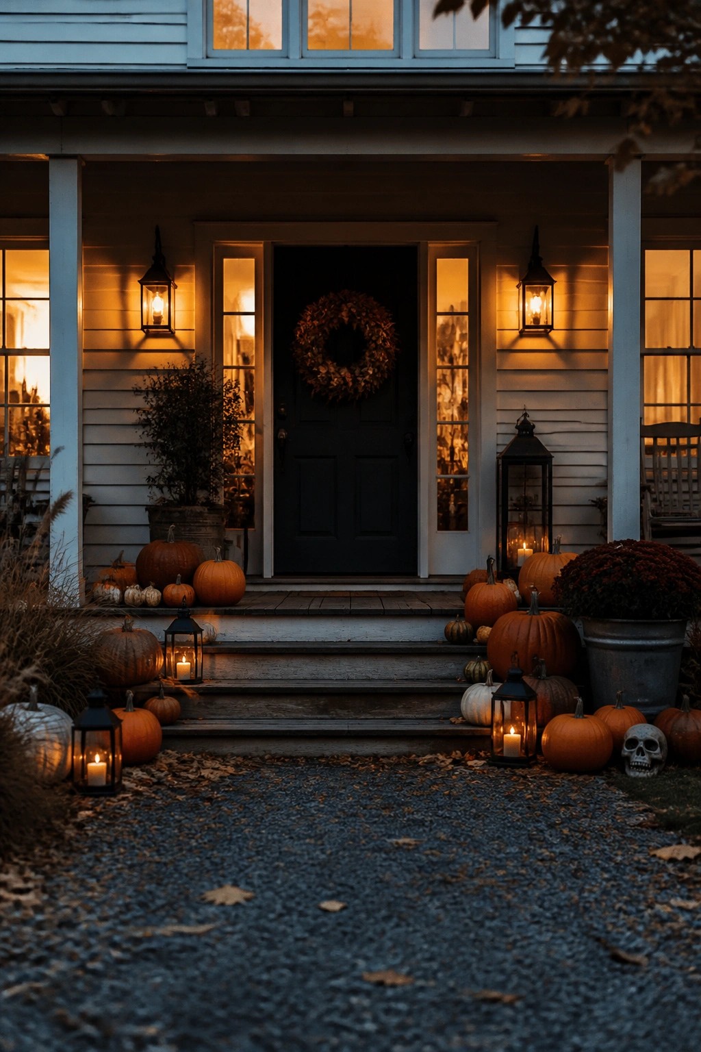 Front porch steps lined with orange and white pumpkins and lit black lanterns, with a dark door and autumn wreath in the background.