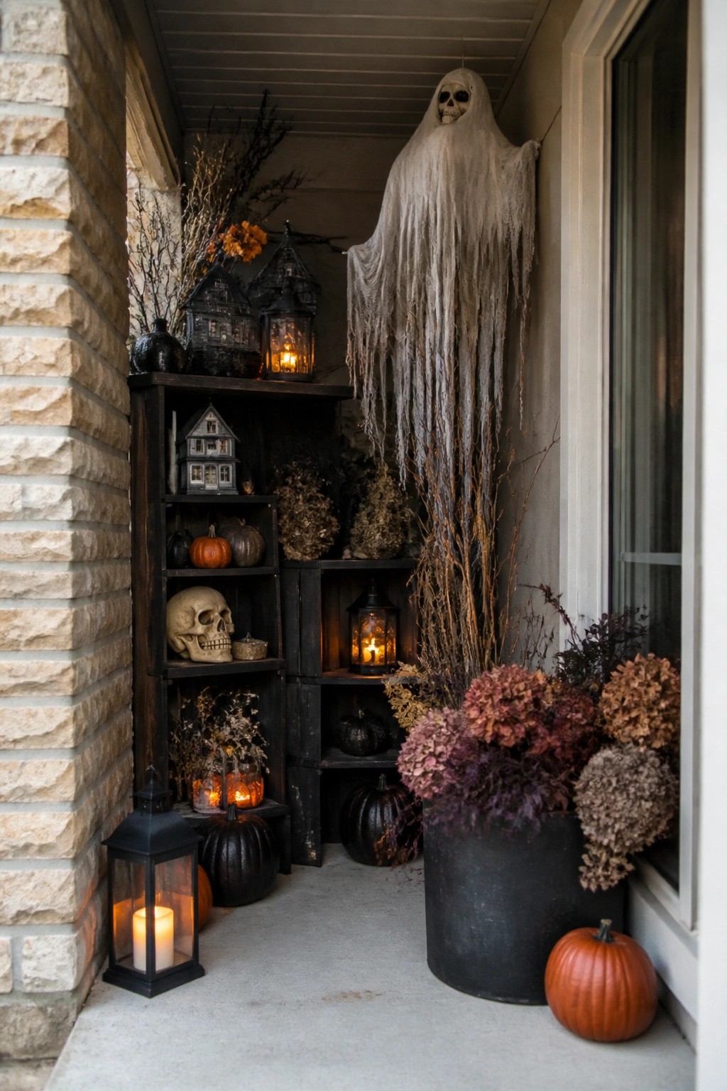 Front porch with a large hanging ghost figure, black shelves holding skulls and small pumpkins, and several lit lanterns.