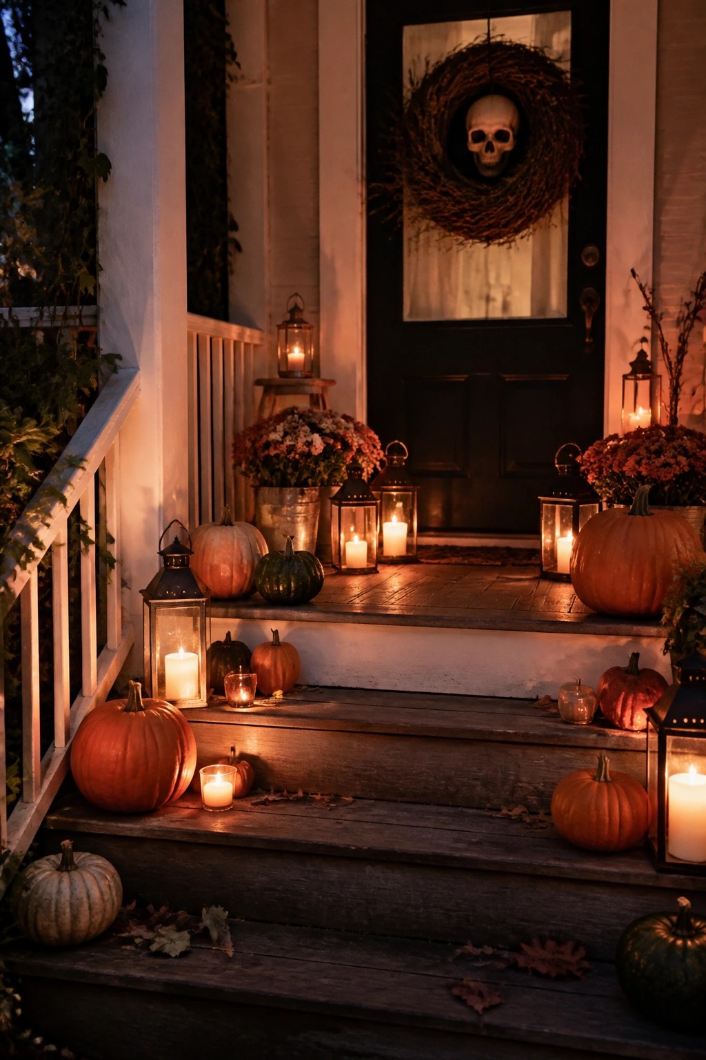 Front porch with a skull wreath hanging on a black door and pumpkins with lanterns placed along the wooden steps.