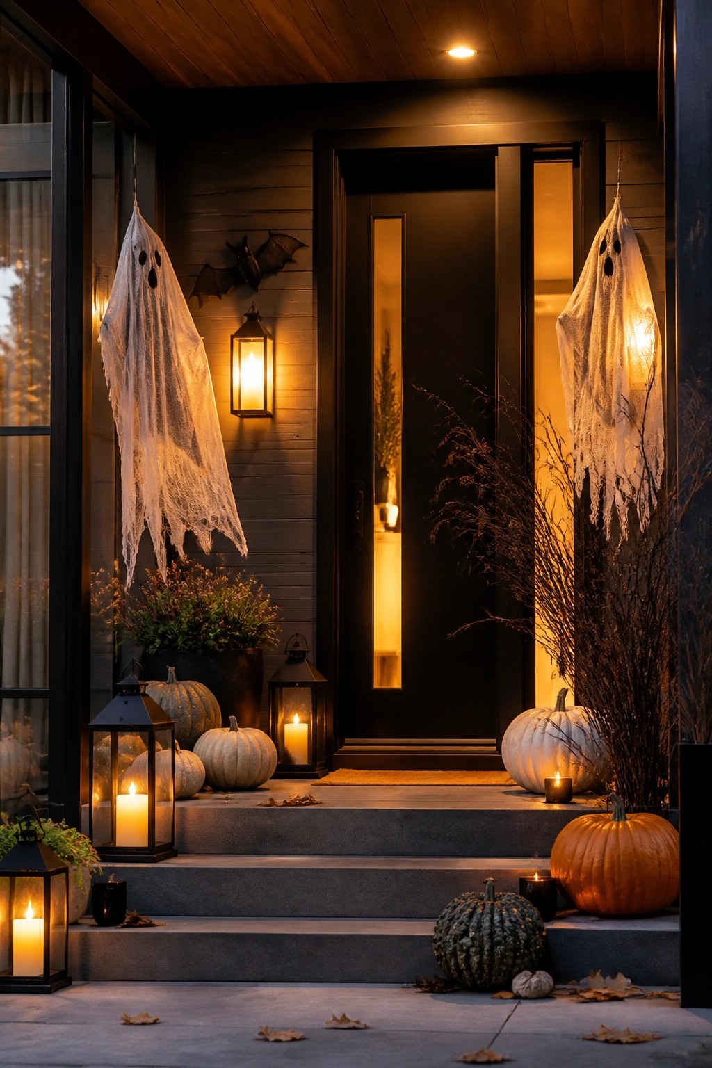 Front porch at night with two large white fabric ghosts hanging beside a dark door, black bats on the wall, pumpkins, and lit lanterns on the steps.