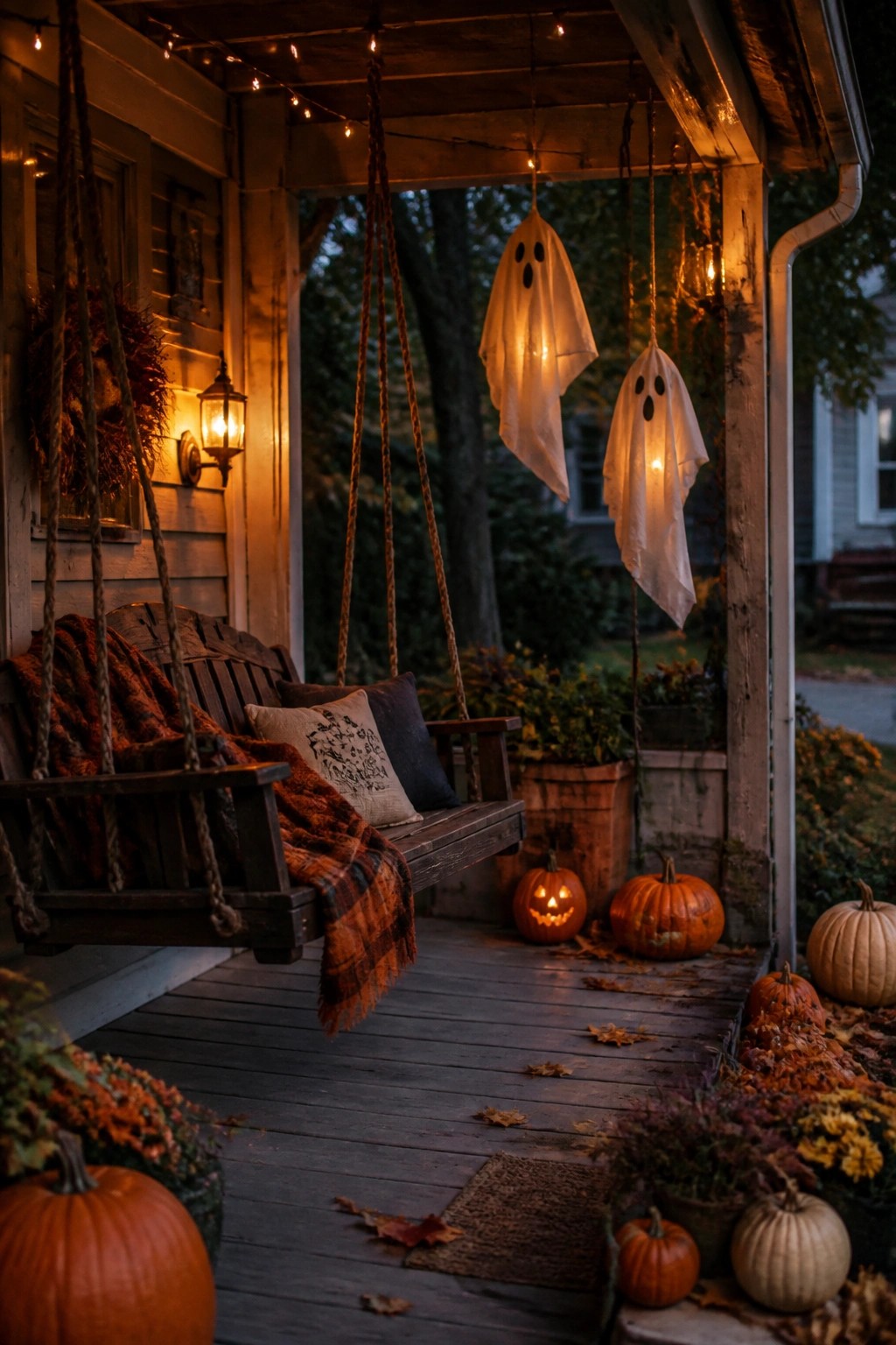 Front porch with two illuminated white sheet ghosts hanging from the ceiling above a wooden swing and pumpkins.