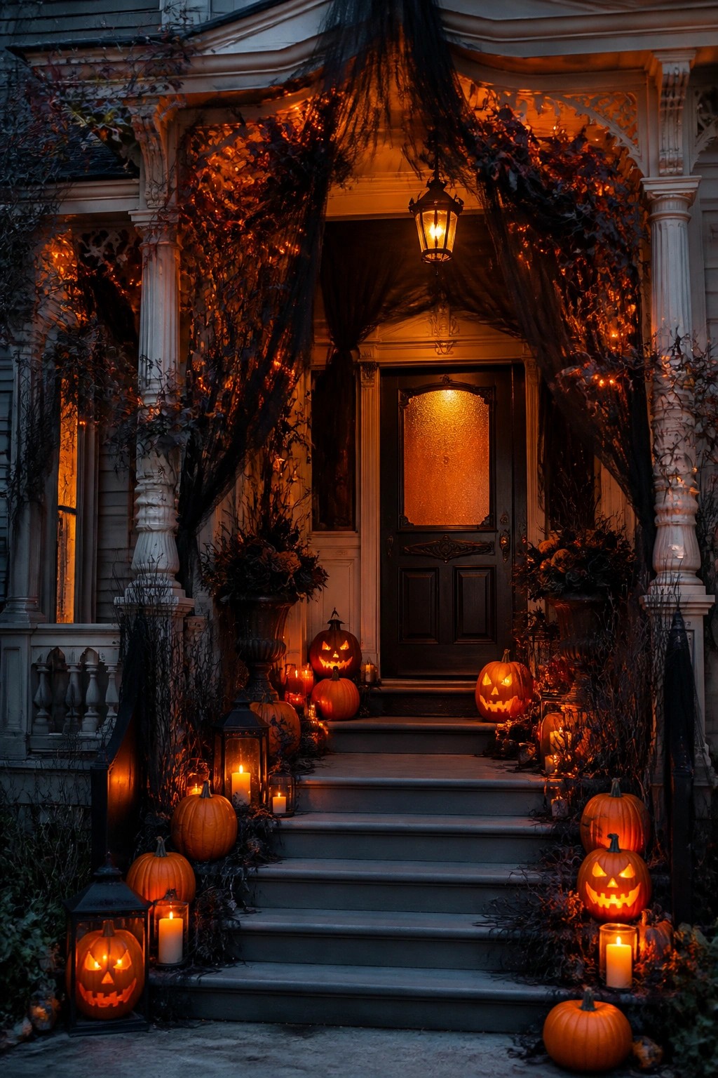 Front porch steps lined with multiple carved and lit jack-o'-lanterns, candles in lanterns, and black fabric draped around the entrance.
