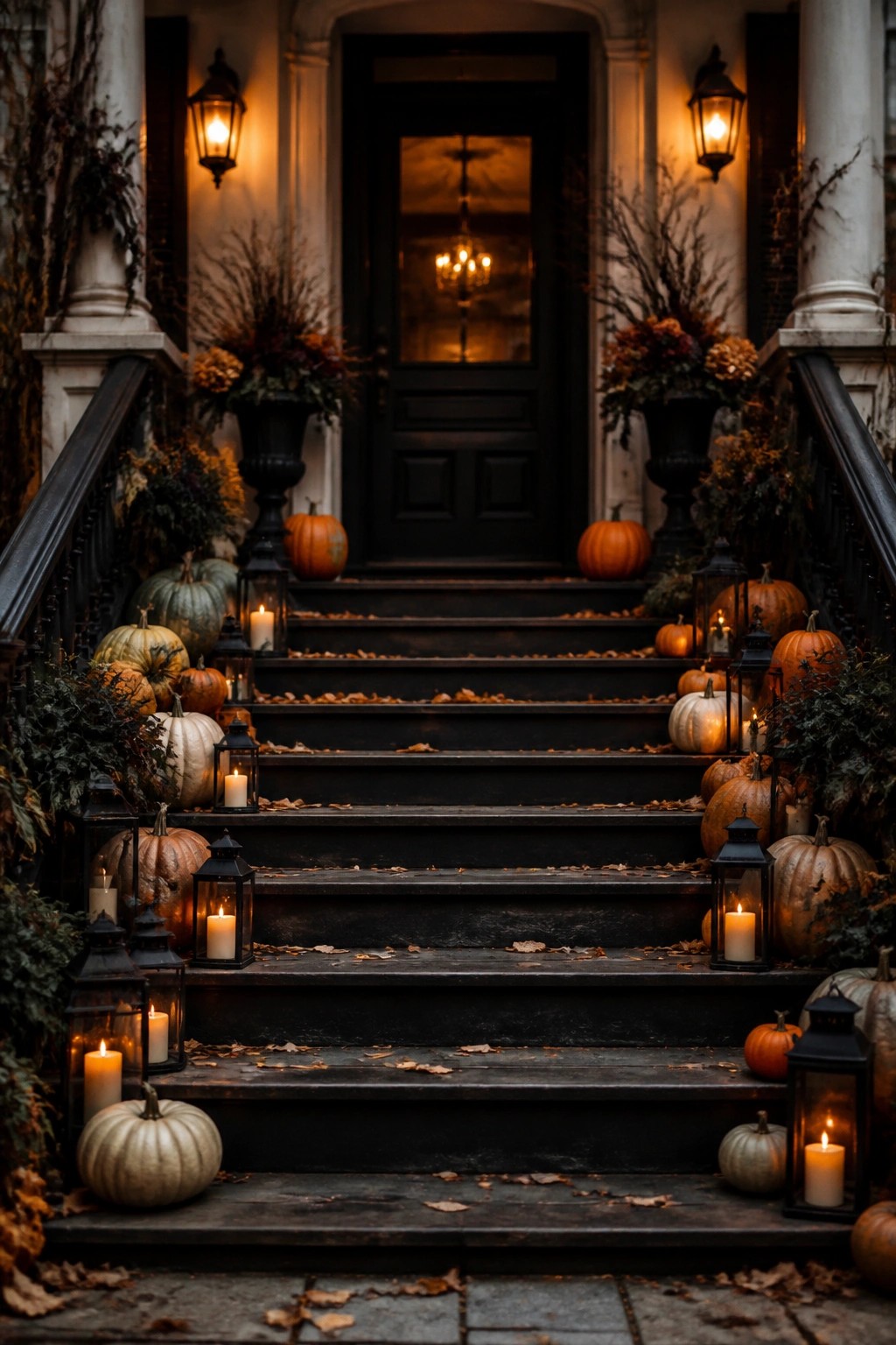 Dark wooden porch steps lined with orange, white, and green pumpkins and black lanterns with lit candles leading to a black front door.
