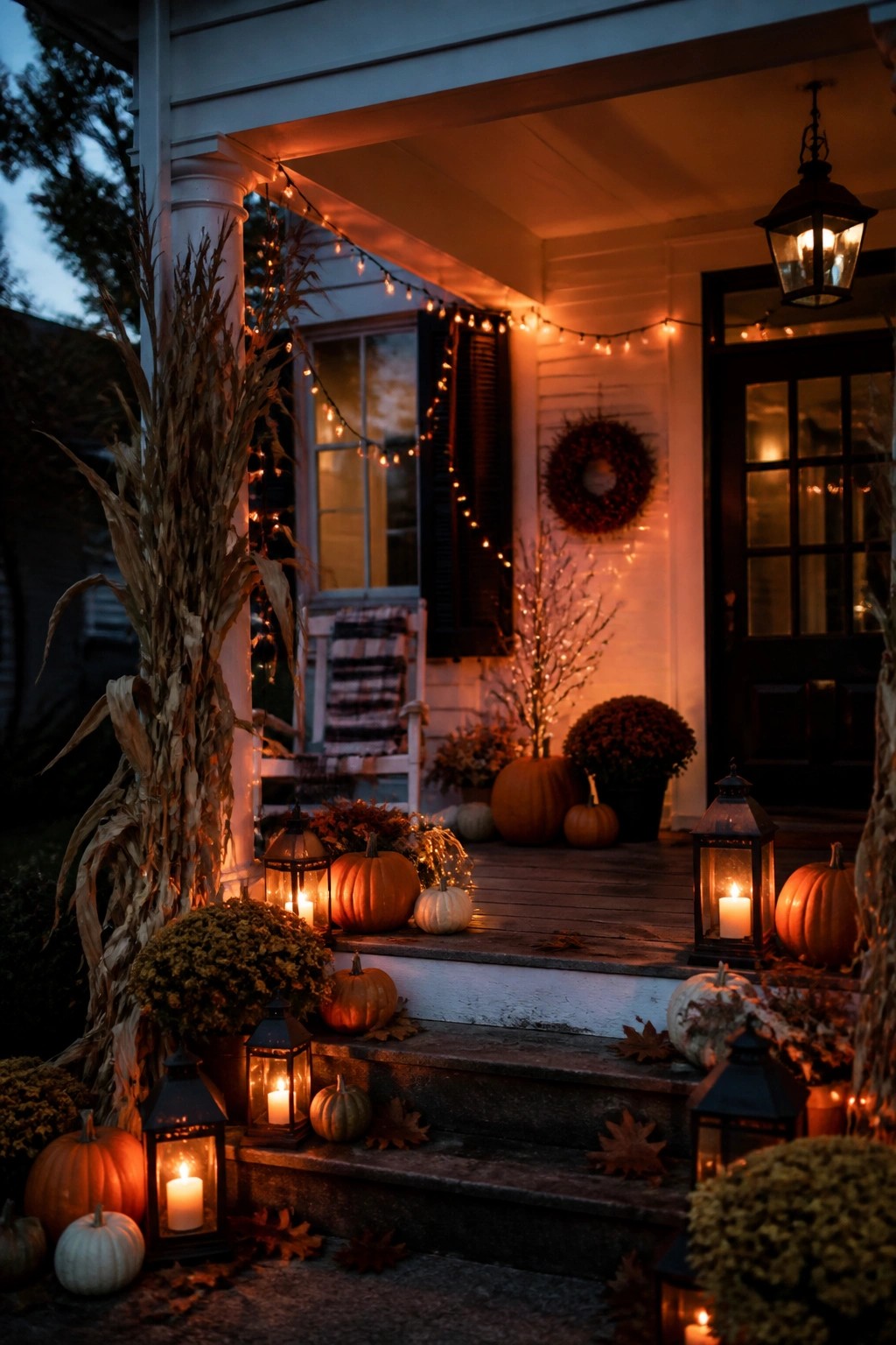 Festive autumn porch with glowing lanterns, pumpkins, string lights, and corn stalks.