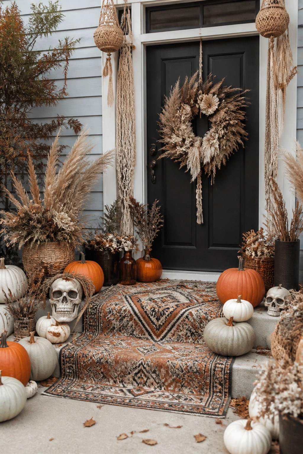Front porch steps covered with a patterned rug and decorated with orange, white, and gray pumpkins plus two white skulls.