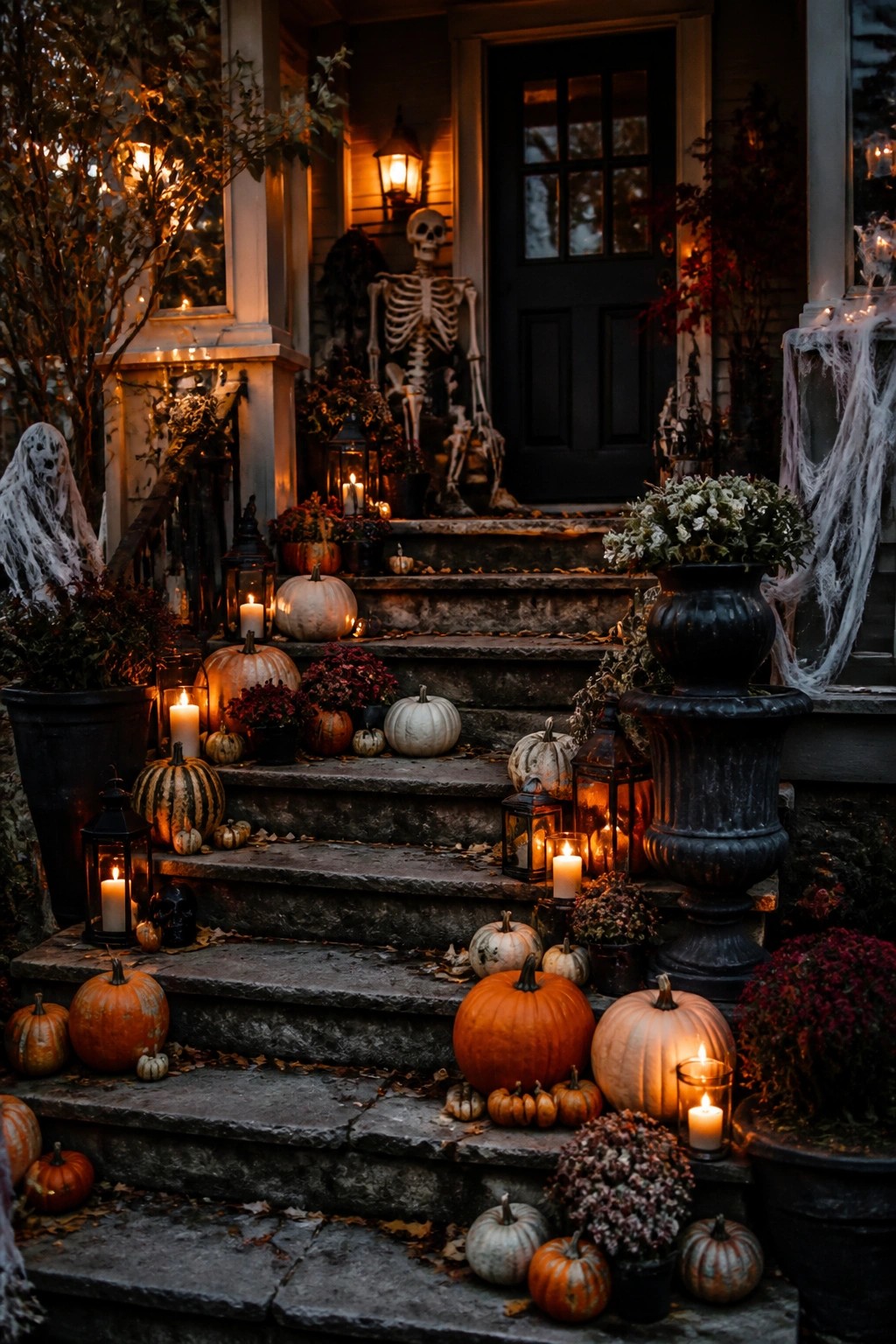 Front porch steps decorated with a large standing skeleton, multiple pumpkins, lanterns, and spiderwebs.
