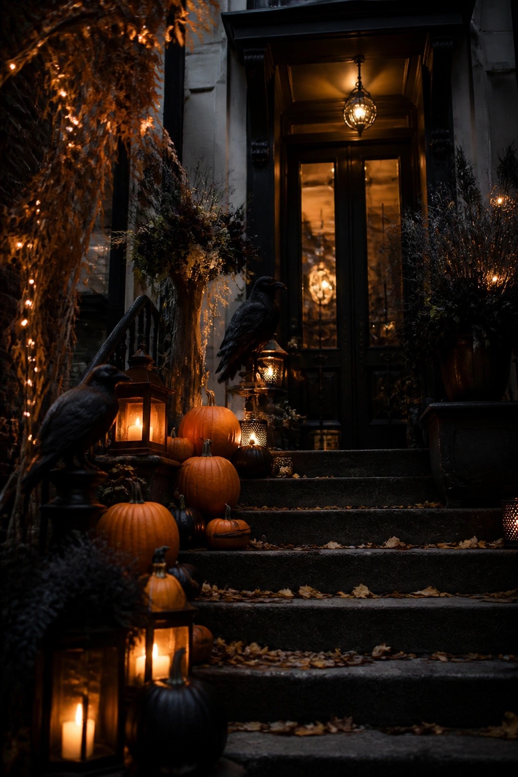 Front porch steps lined with black crows, orange pumpkins, and glowing lanterns at night.