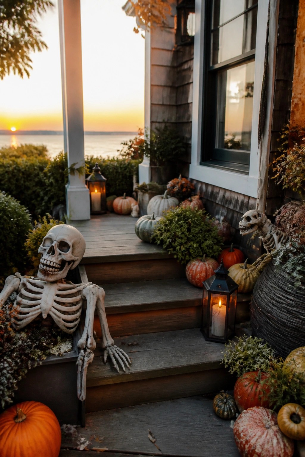 Front porch steps decorated with two white skeletons, pumpkins, and glowing lanterns beside a house overlooking the water.
