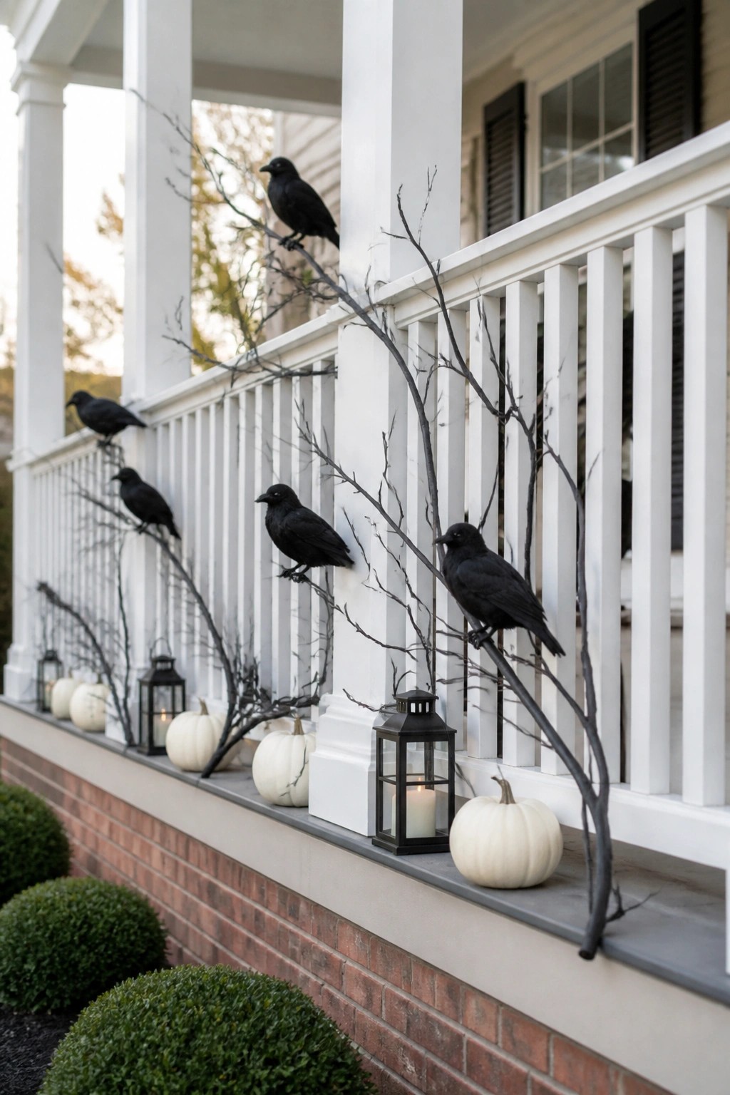 White front porch with black crows perched on bare branches along the railing, black lanterns, and white pumpkins at the base.