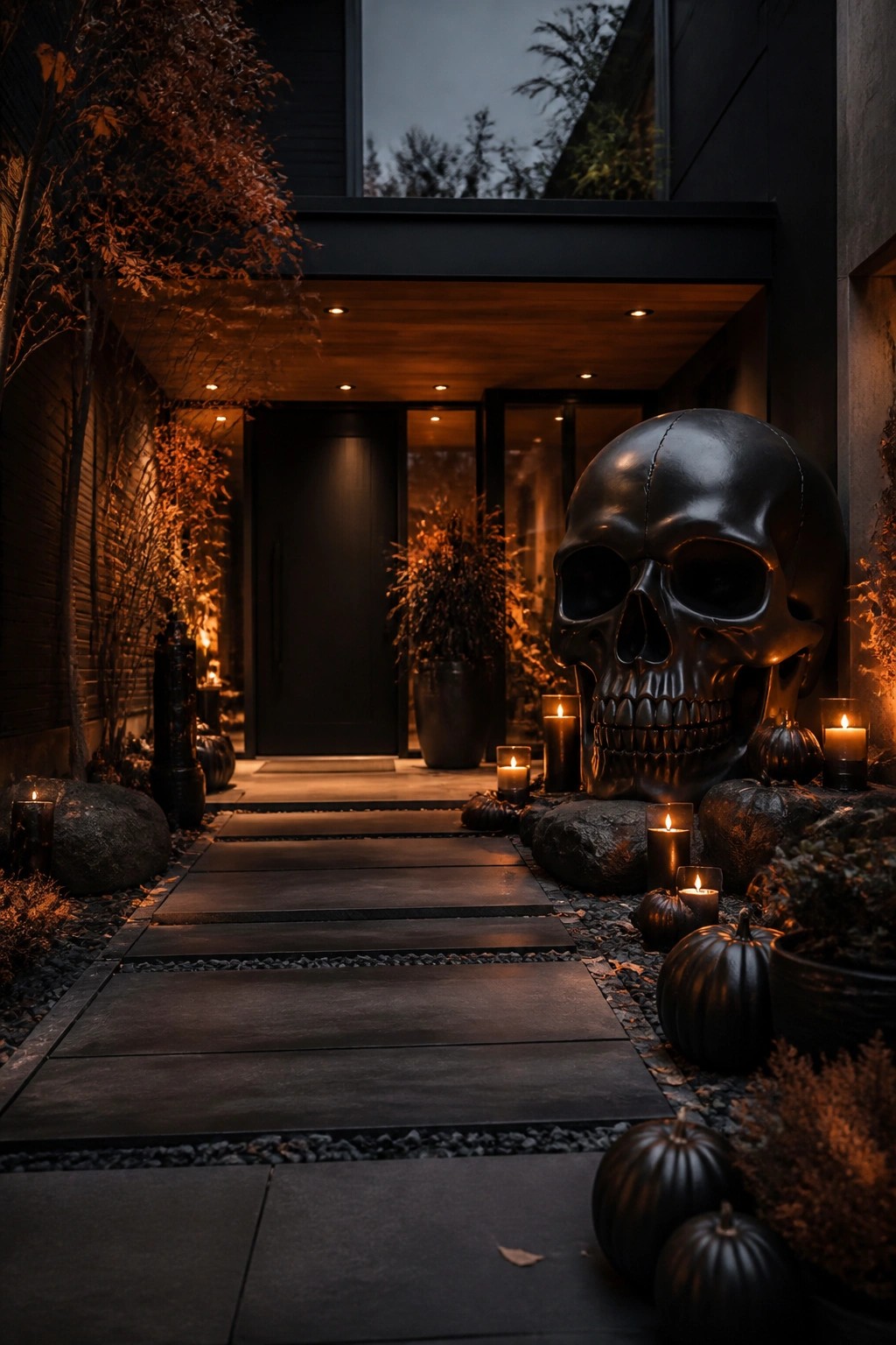 Modern home entry walkway lined with dark stone pavers, featuring a large black skull sculpture surrounded by black pumpkins and lit candles.