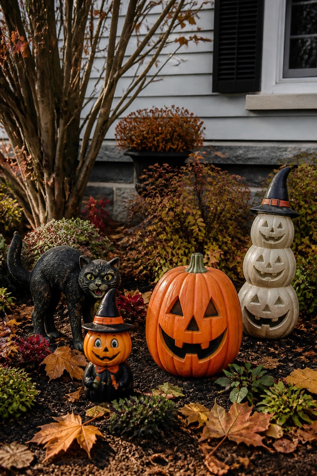 Halloween decorations with black cat, small witch pumpkin, carved jack-o'-lantern, and stacked pumpkins.