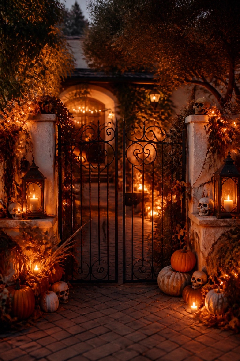 Black wrought iron gate with stone pillars decorated with skulls, lit lanterns, and pumpkins at the entrance.