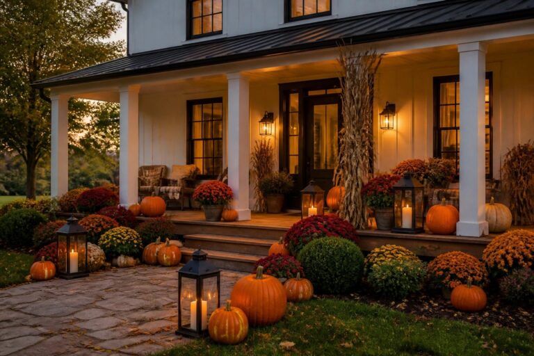 Front porch steps lined with orange and white pumpkins and glowing black lanterns leading to a dark door.