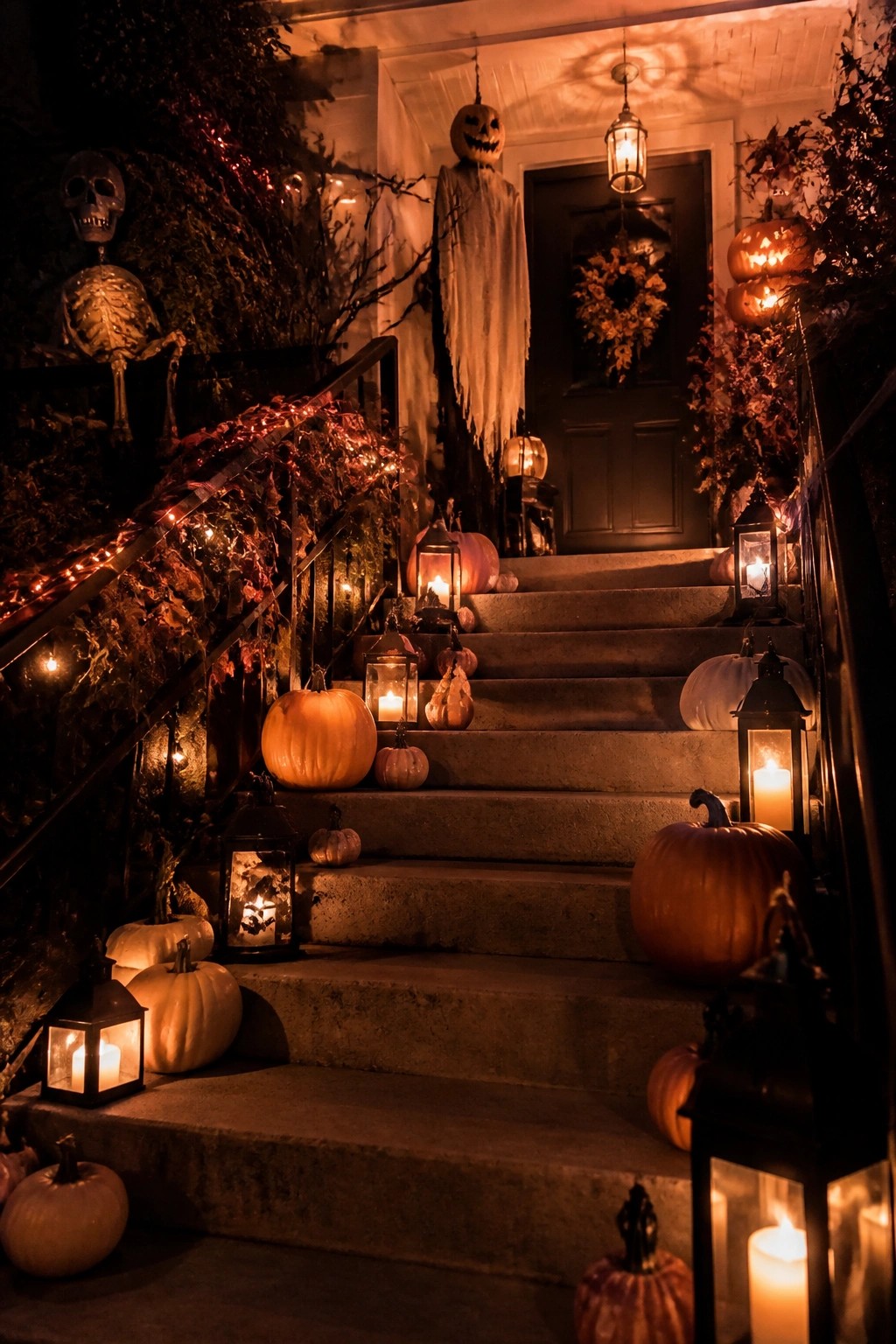 Outdoor staircase decorated with multiple pumpkins and glowing lanterns leading to a front door with a hanging ghost figure.