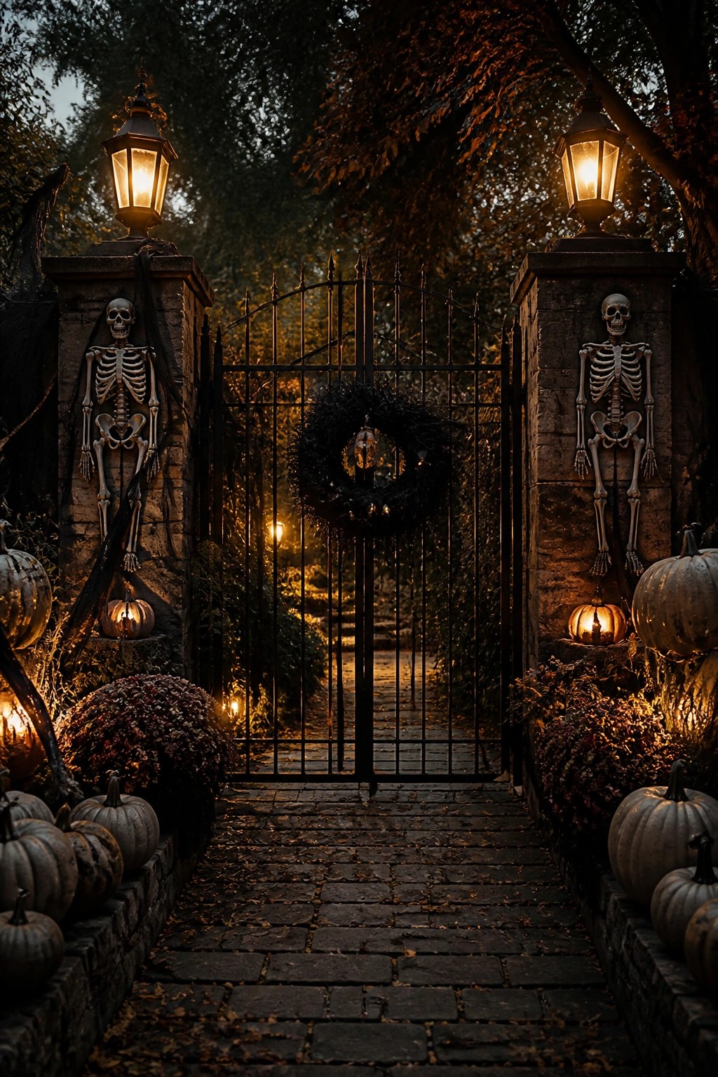Stone gate entrance with two skeletons attached to the pillars, pumpkins at the base, and a black wreath on the iron gate.