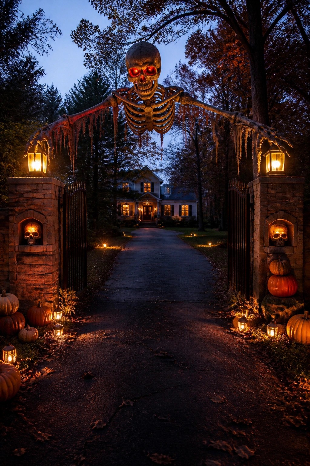 A large skeleton with glowing red eyes stretches across the top of a stone gate at the entrance to a dark driveway lined with pumpkins and lanterns.