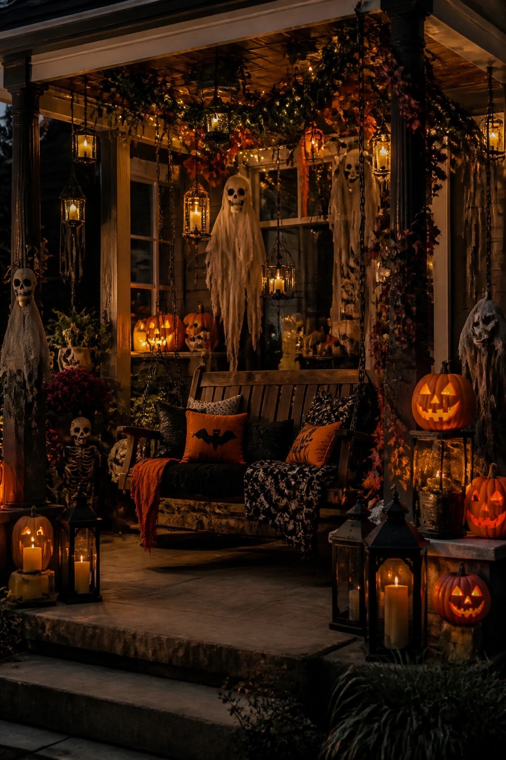 Front porch decorated with multiple hanging white ghosts, skeletons, carved jack o lanterns, and lanterns around a wooden swing.
