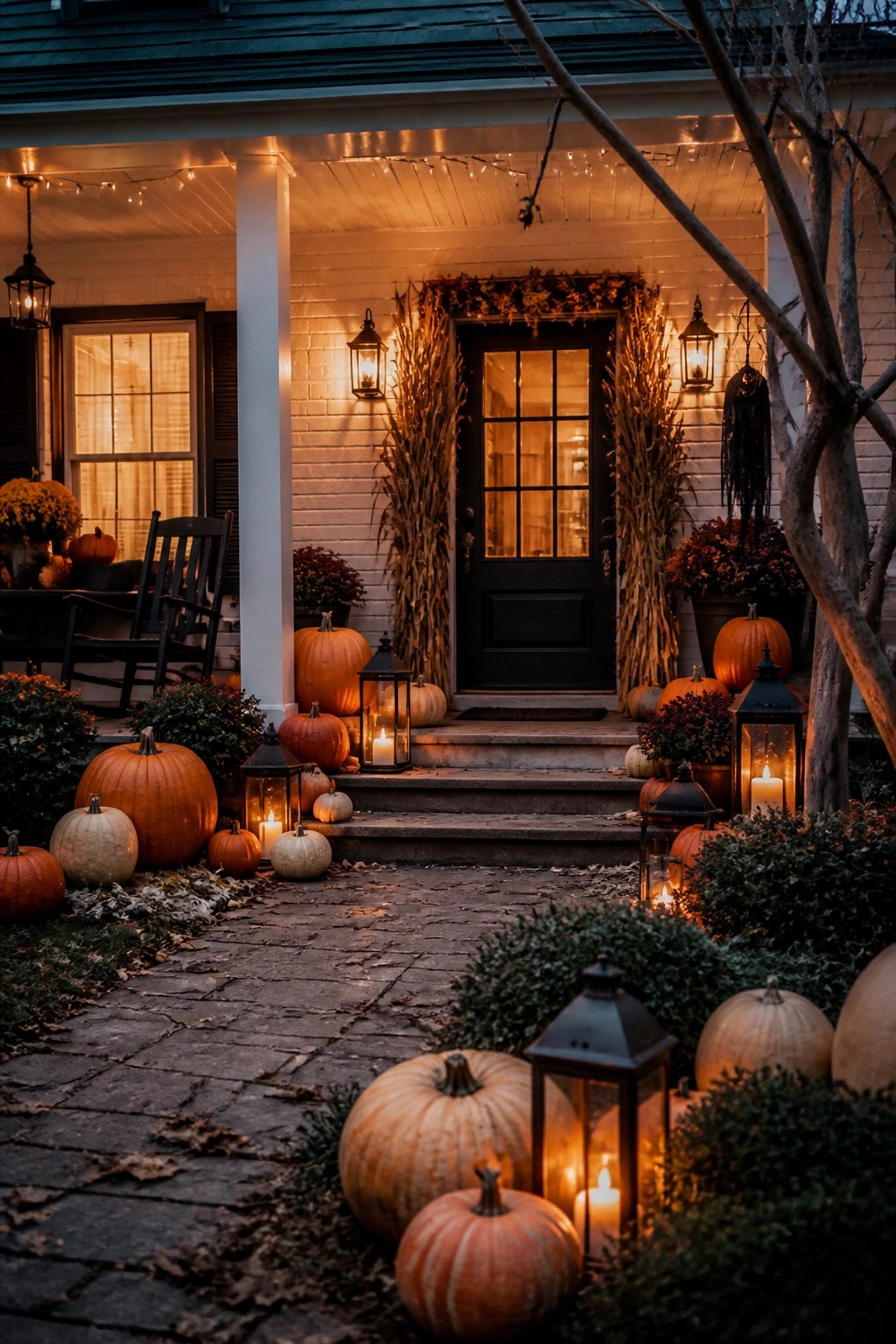 Front porch steps lined with orange and white pumpkins and glowing black lanterns leading to a dark door.