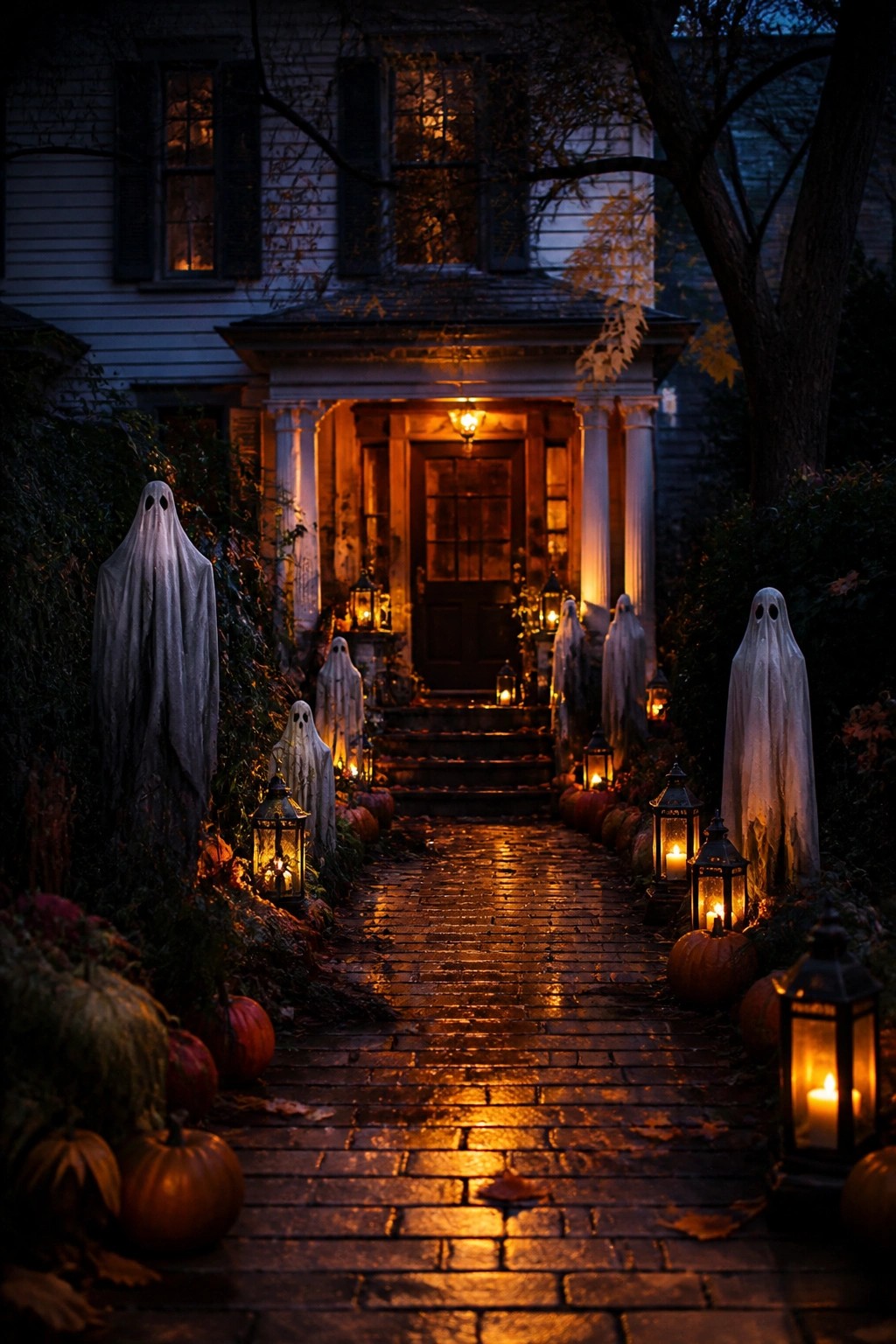 Brick walkway lined with white sheet ghosts, pumpkins, and glowing lanterns leading to a house front porch at night.