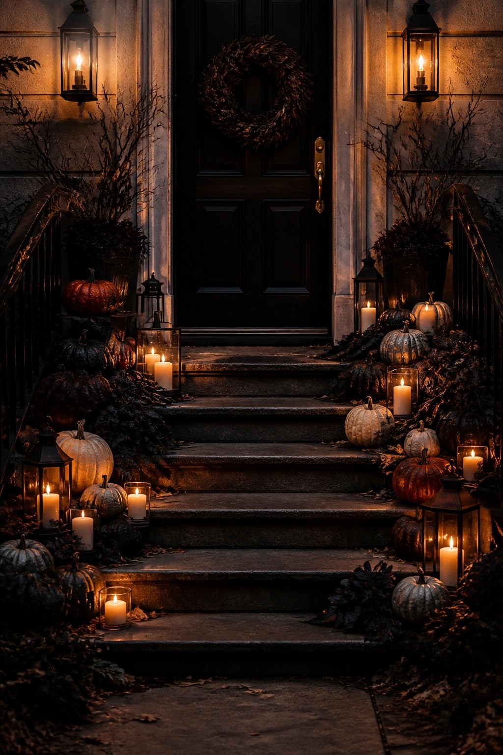 Front entrance with stone steps lined with assorted pumpkins and glowing lanterns on both sides leading to a black door with a wreath.