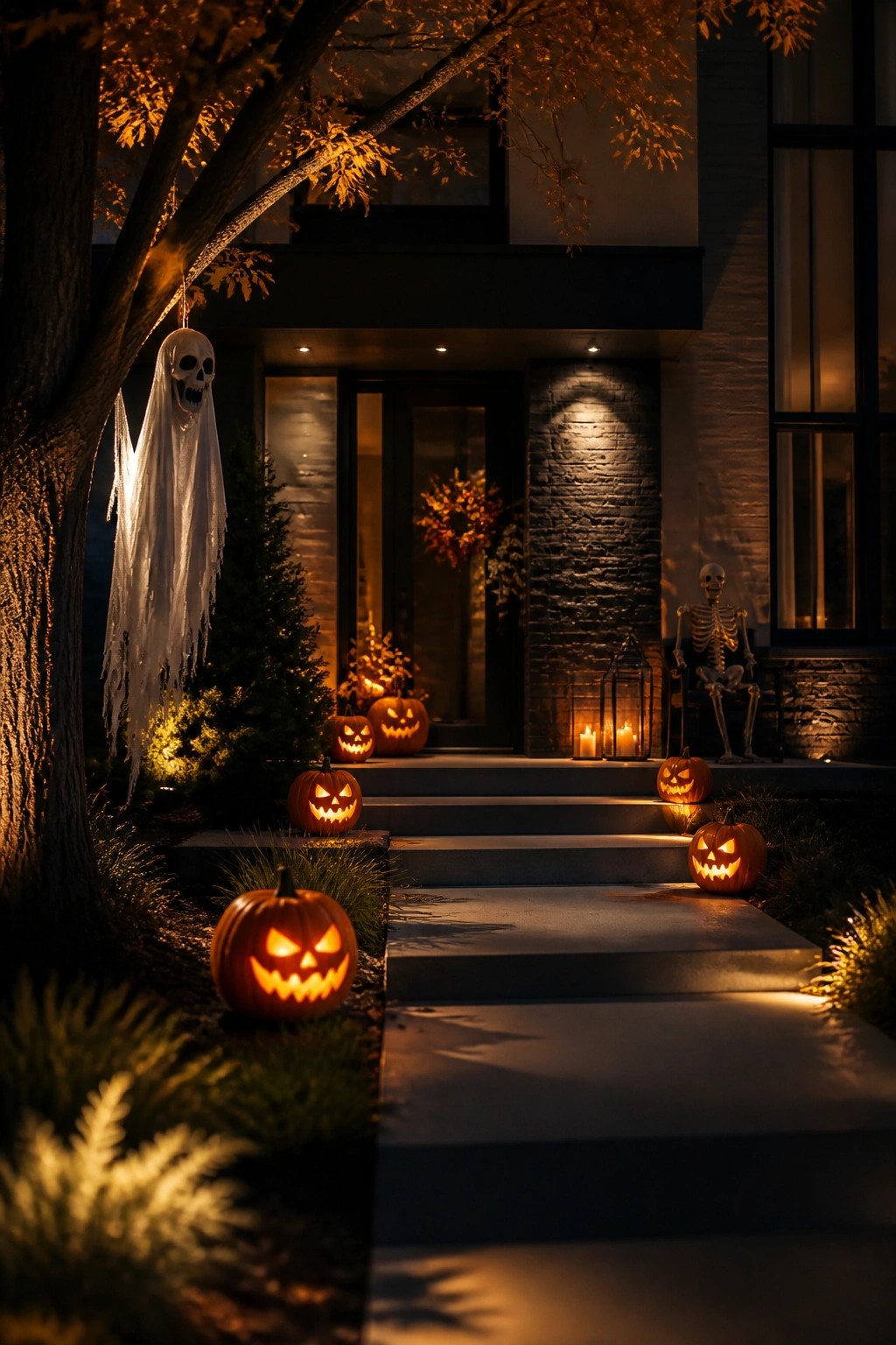 House entrance at night with multiple lit jack-o'-lanterns arranged on the concrete steps and ground, a hanging ghost from a nearby tree, and a skeleton seated on the porch.