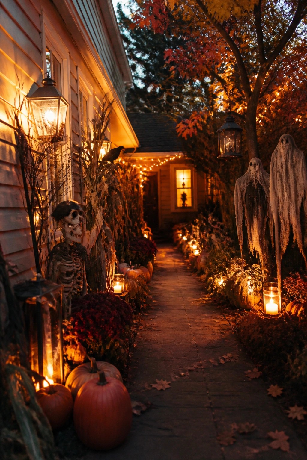 Outdoor walkway lined with pumpkins, lanterns, a skeleton, and two white sheet ghosts hanging beside the house.